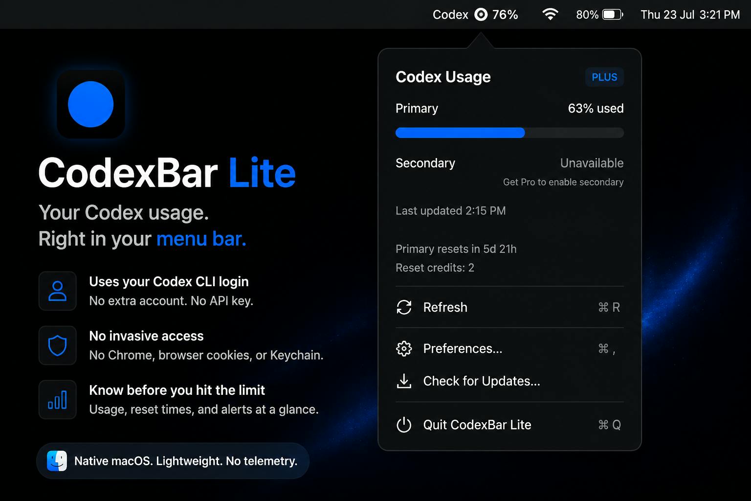 CodexBar Lite preview 2