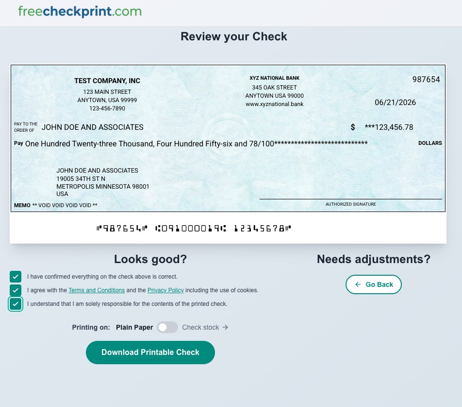 Free Check Printing Online preview 2