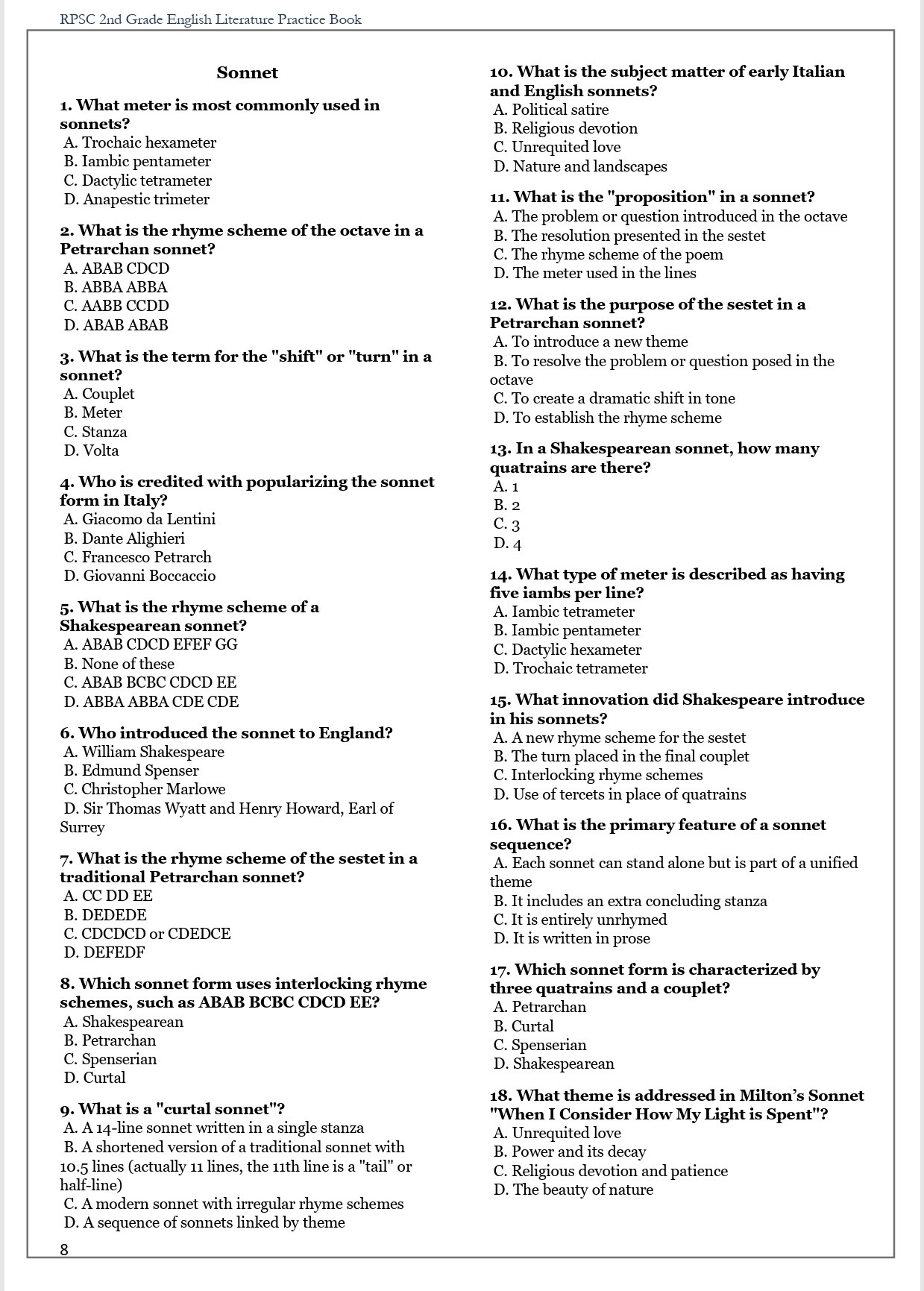 RPSC 2nd Grade English Literature MCQs preview 4